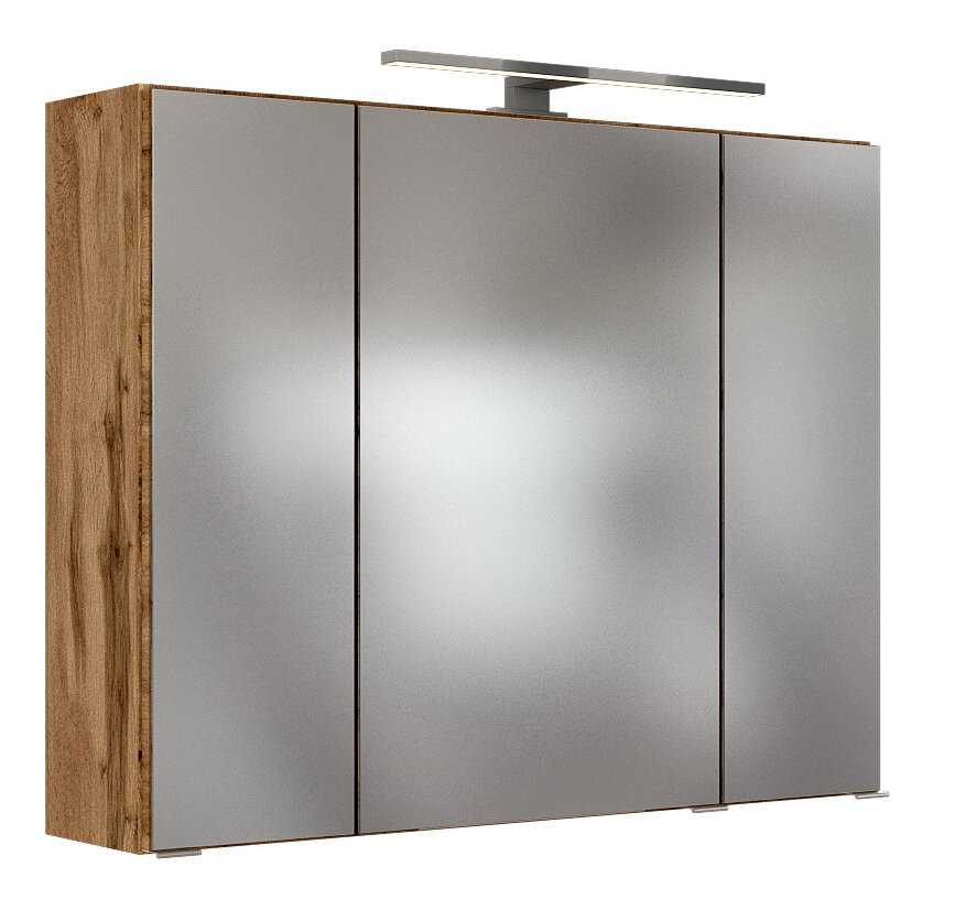 Moderner Spiegelschrank mit drei Türen und Holzrahmen, seitliche Perspektive