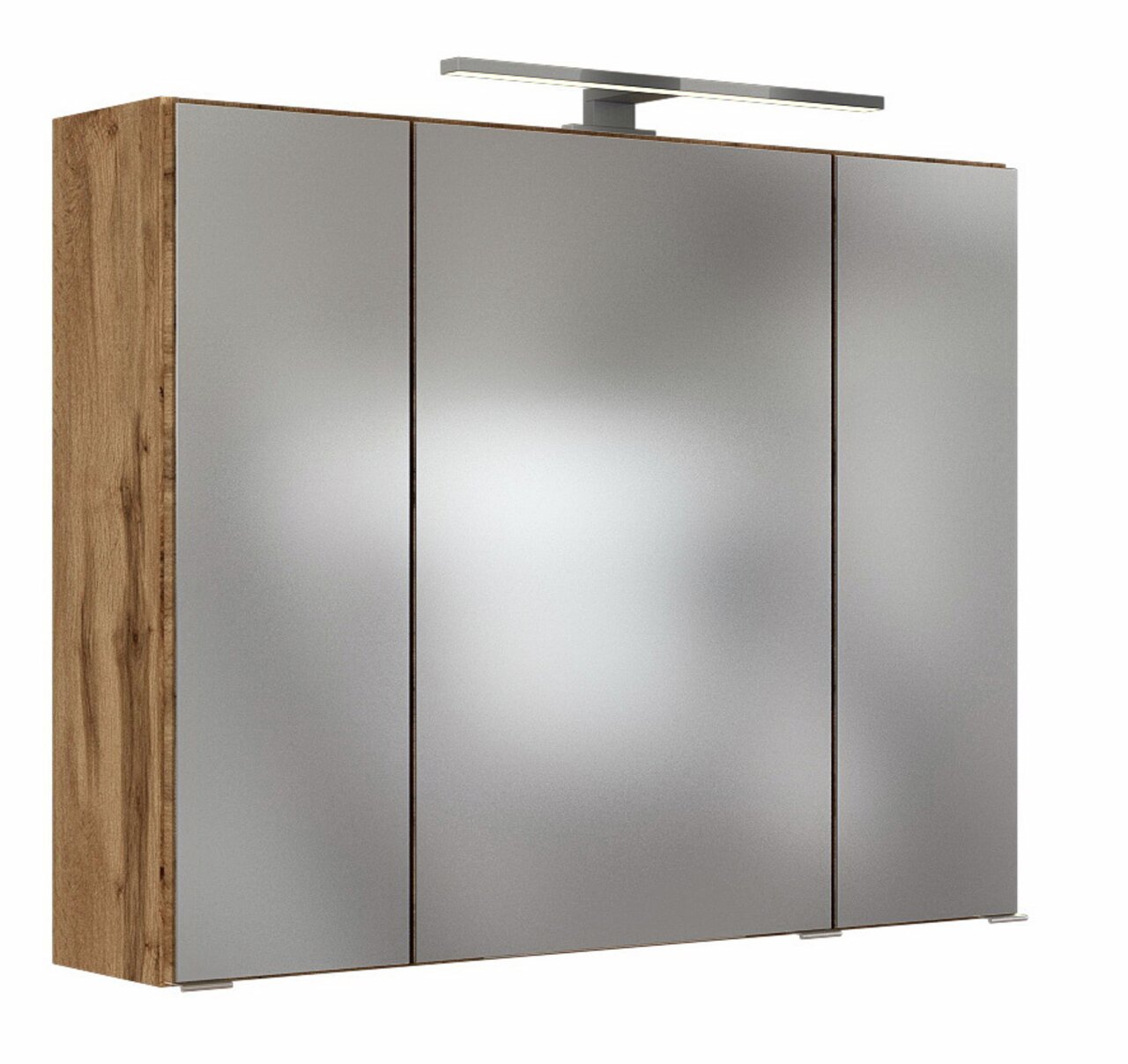 Moderner Spiegelschrank mit drei Türen und Holzrahmen, seitliche Perspektive