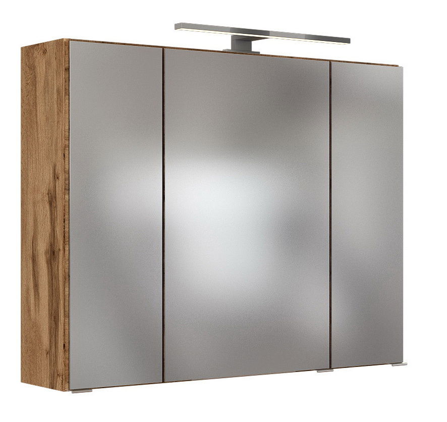 Moderner Spiegelschrank mit drei Türen und Holzrahmen, seitliche Perspektive