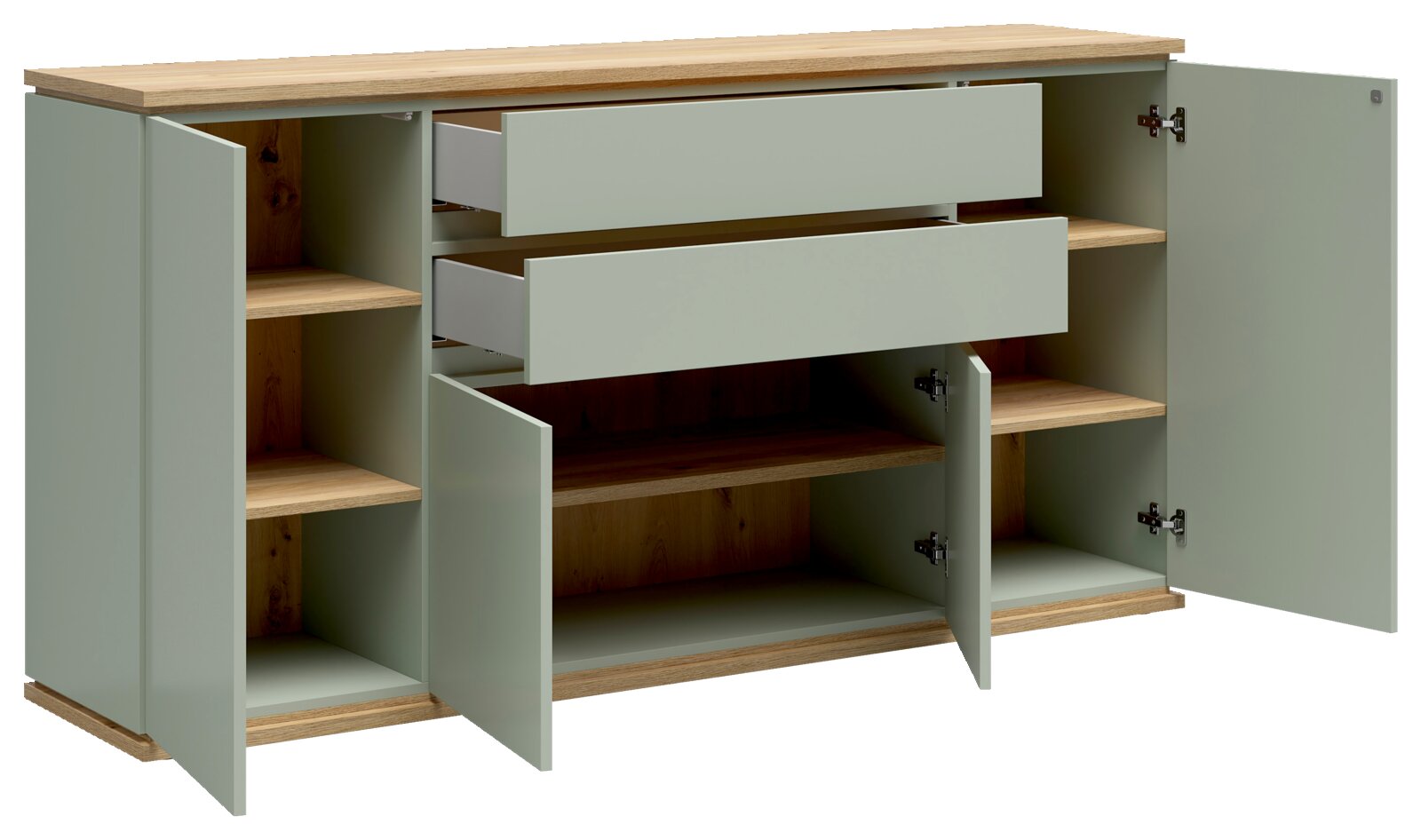 Grünes Sideboard mit Holzdeckplatte und Holzsockel, zwei Schubladen und drei offenen Türen mit Regalfächern, geöffnet gezeigt aus frontaler Perspektive (leicht seitlich) vor weißem Hintergrund.