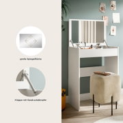 Weißer Schminktisch mit großer Spiegelklappe und Gasdruckdämpfern, geöffnet und mit Make-up-Utensilien, seitliche Frontansicht im Wohnraum mit Hocker