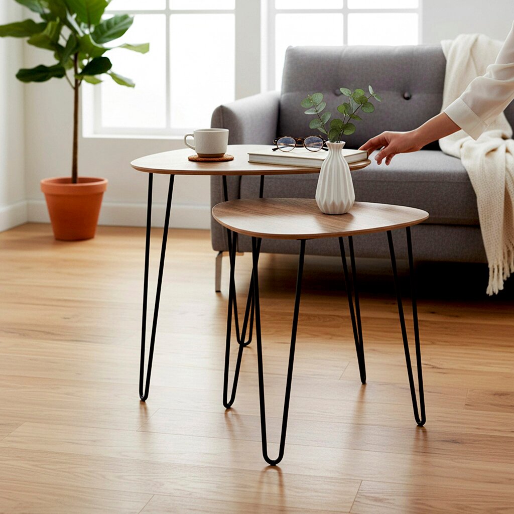 Zwei runde Beistelltische im Set mit Holzplatten und schwarzen Hairpin-Metallbeinen im Wohnzimmer vor grauem Sofa, Frontansicht auf Augenhöhe