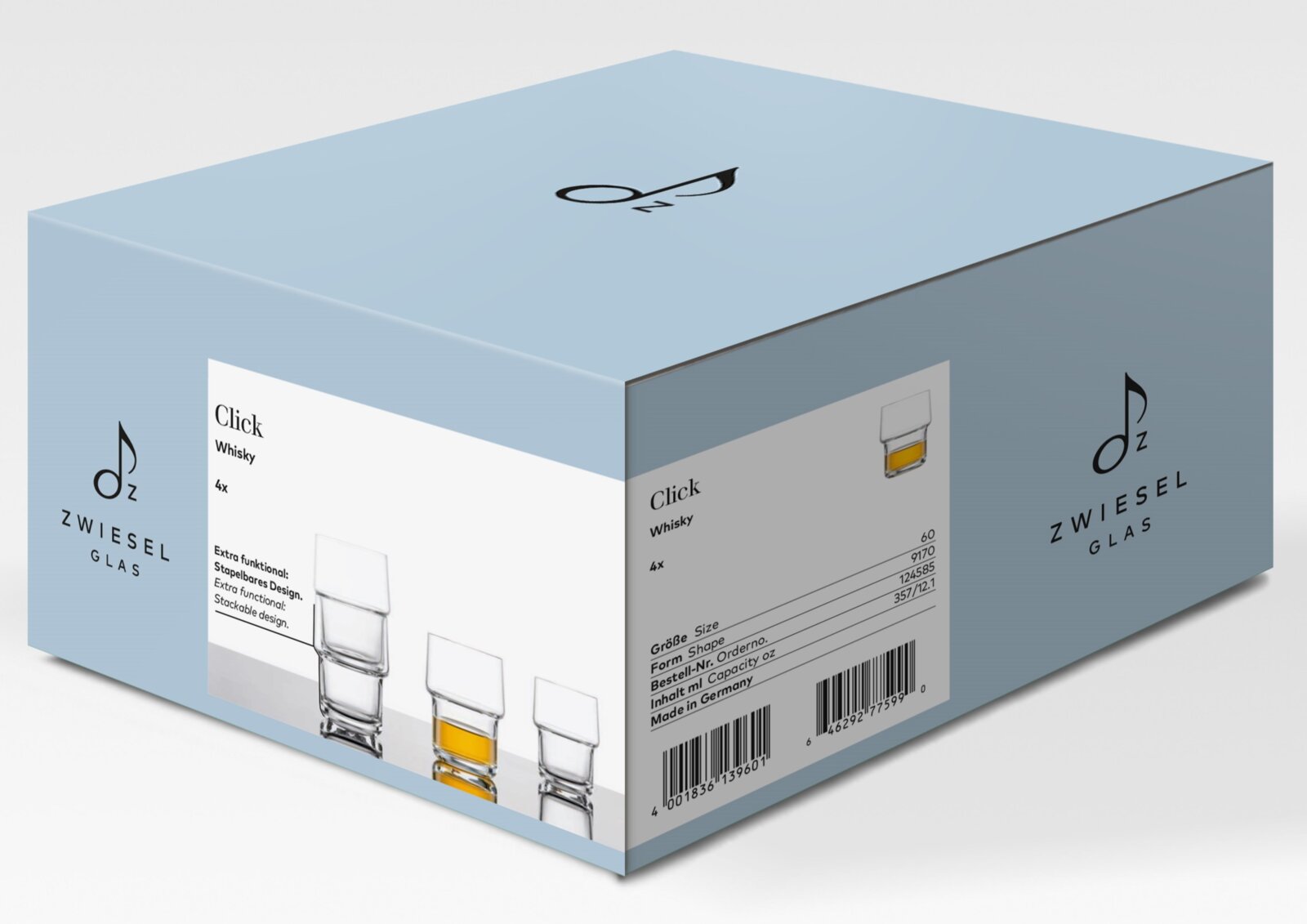 Verpakking van Zwiesel Glas Click whiskyglazen set (4 stuks), lichtblauwe doos met productafbeelding, schuin van voren/boven gefotografeerd.