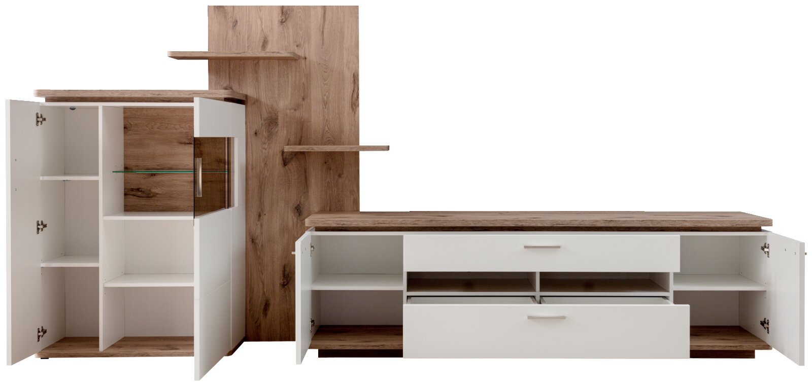 Wohnwand/TV-Möbel-Set in Weiß und Holzoptik mit Schrank, TV-Lowboard, Rückwand und Regalböden, Türen und Schubladen geöffnet, Frontansicht