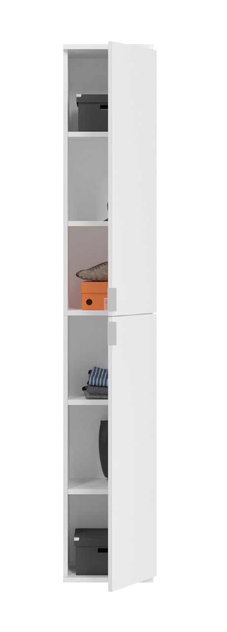 Weißer, schmaler Schrank mit mehreren Fächern, teilweise geöffnet, gefüllt mit Boxen und Kleidung, Frontalansicht.