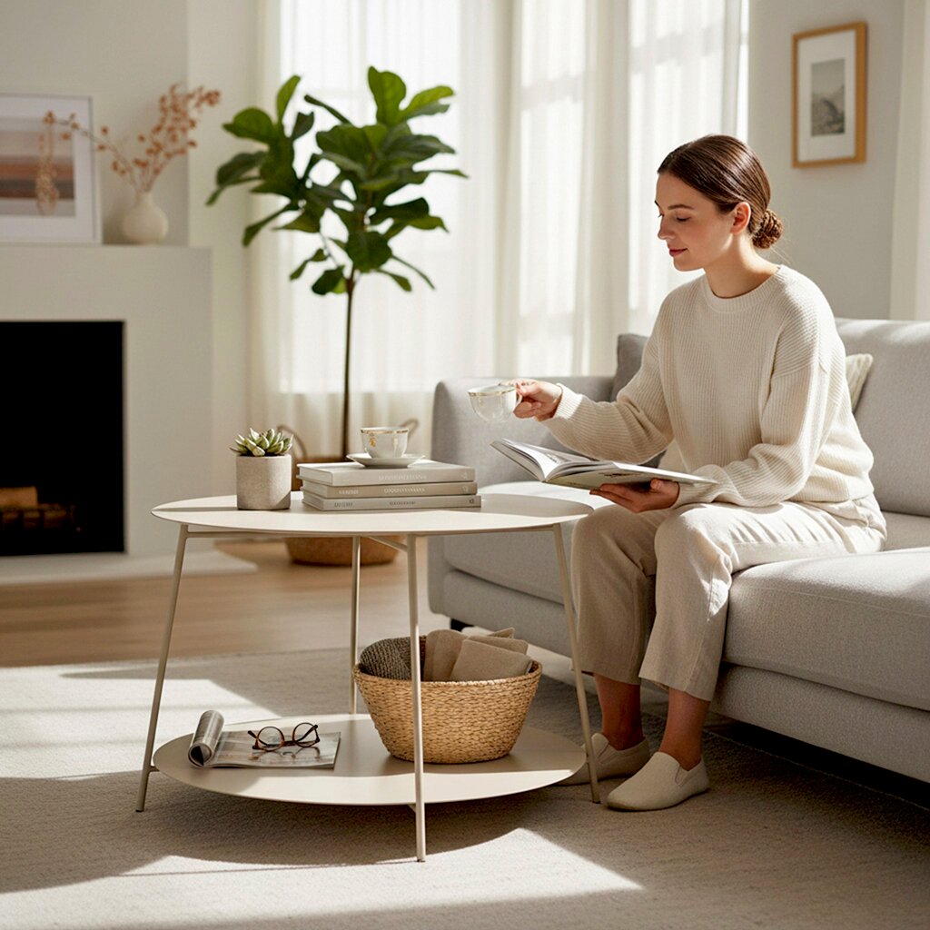 Runder, zweistöckiger Couchtisch in Cremeweiß mit schlanken Metallbeinen im modernen Wohnzimmer; seitliche Perspektive auf den Tisch, darauf Tassen, Bücher und eine kleine Pflanze, unten Korb und Magazine, daneben sitzt eine Frau auf dem Sofa.