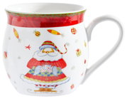 Weihnachtlicher Kaffeebecher mit buntem Weihnachtsmann-Motiv, seitliche Perspektive
