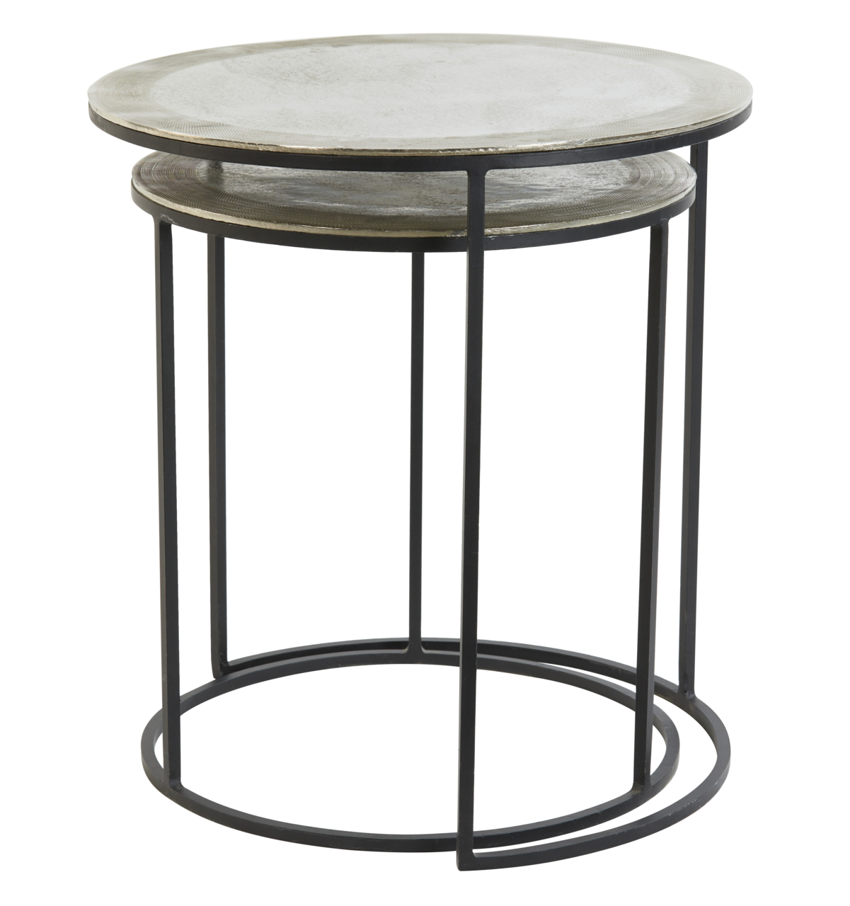 Zwei runde Beistelltische aus Metall mit schwarzem Gestell, ineinander verschachtelt, seitliche Perspektive.