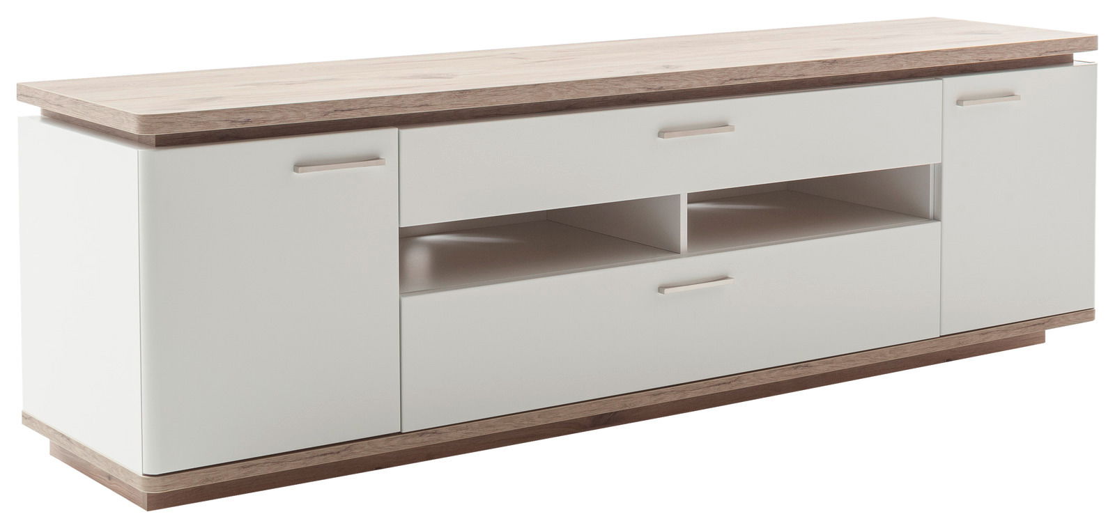 TV-Lowboard in Holzoptik mit weißen Fronten, zwei Schubladen und offenen Fächern, seitliche Perspektive