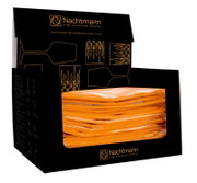 Nachtmann Mikrofasertuch-Poliertuch in orange in schwarzer Markenverpackung mit Sichtfenster, Produktansicht schräg von vorn