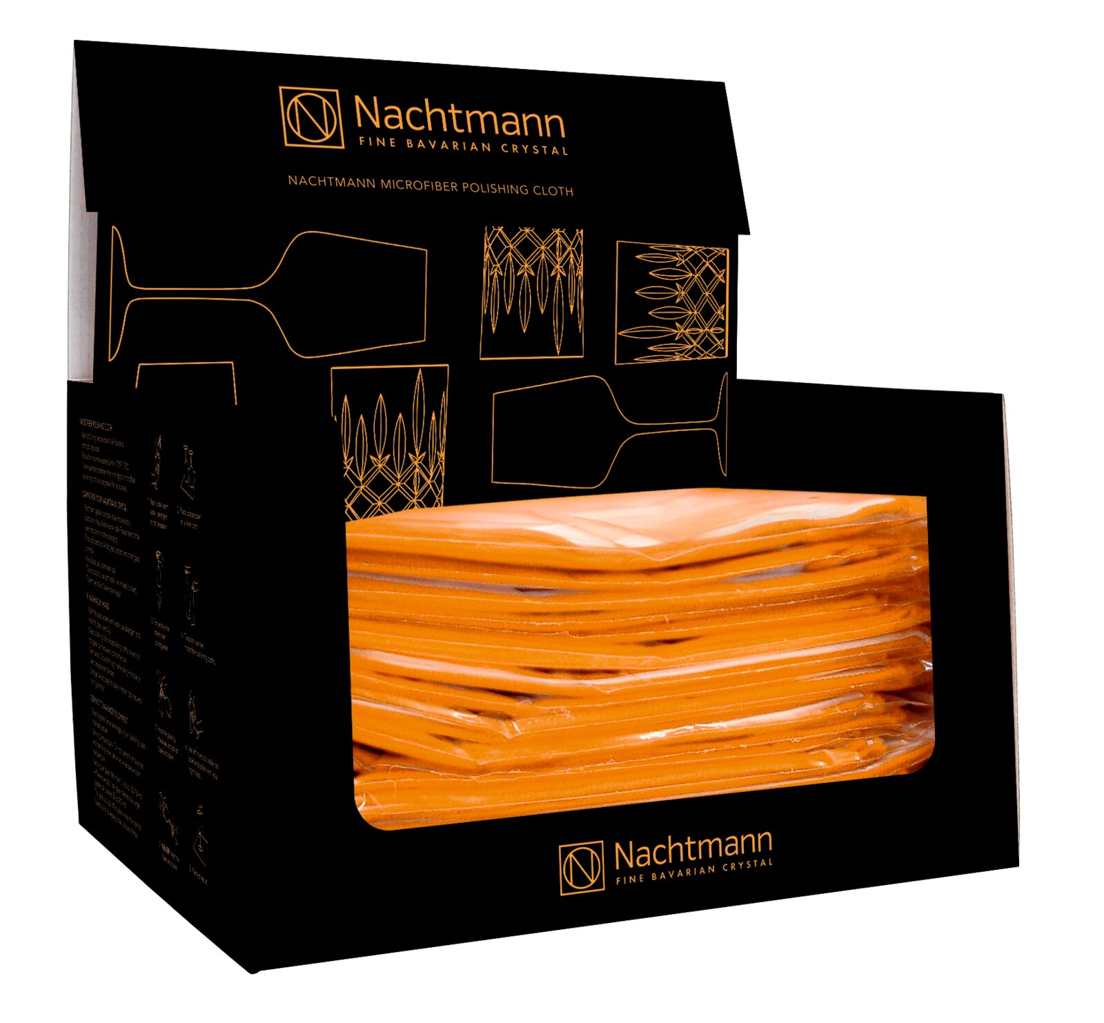 Nachtmann Mikrofasertuch-Poliertuch in orange in schwarzer Markenverpackung mit Sichtfenster, Produktansicht schräg von vorn