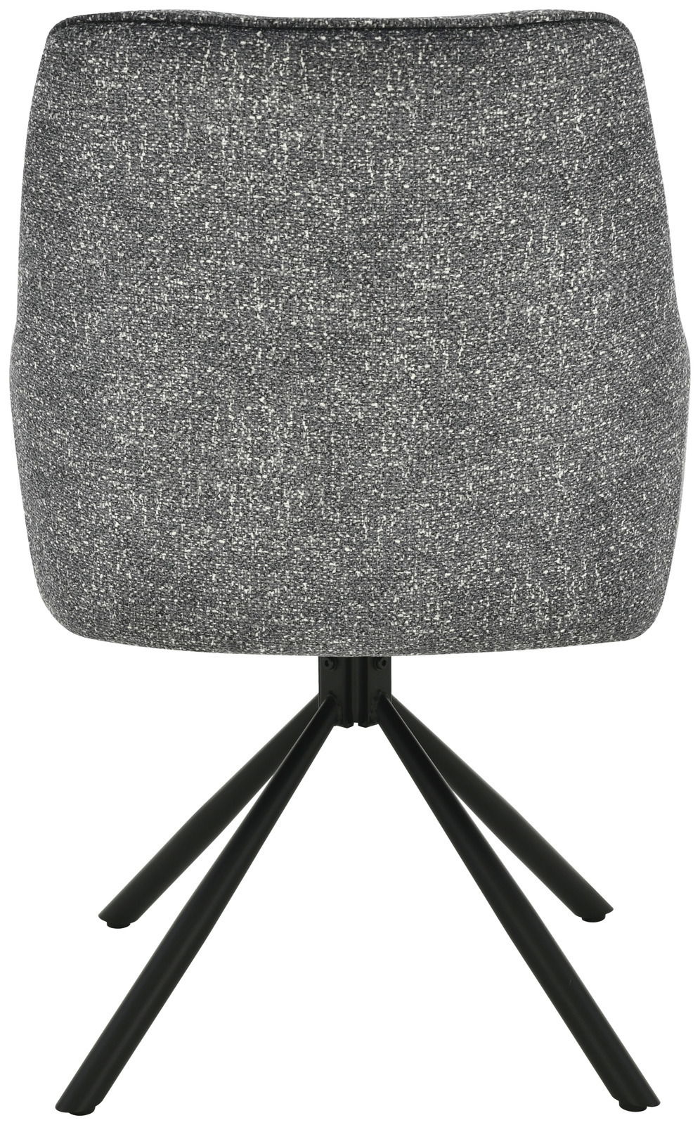 Rückansicht eines modernen Armlehnstuhls mit grauem Stoffbezug und schwarzem Metallgestell.