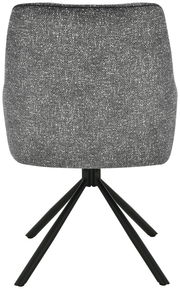 Rückansicht eines modernen Armlehnstuhls mit grauem Stoffbezug und schwarzem Metallgestell.