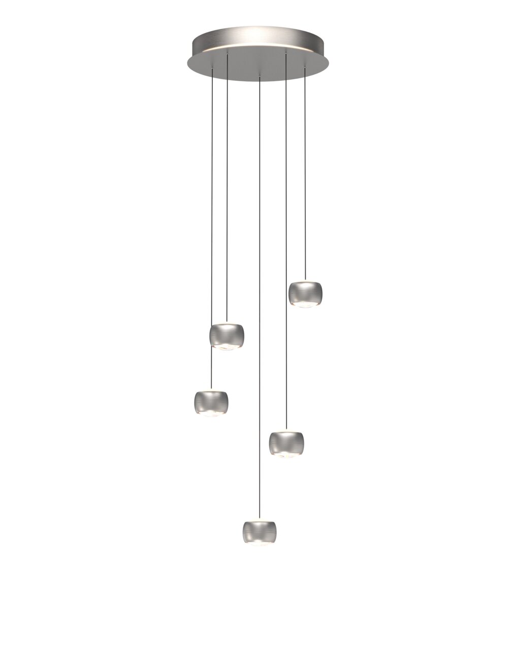 Moderne LED-hanglamp met vijf hangende lichtelementen, gezien van onderaf.