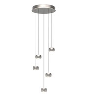 Moderne LED-hanglamp met vijf hangende lichtelementen, gezien van onderaf.