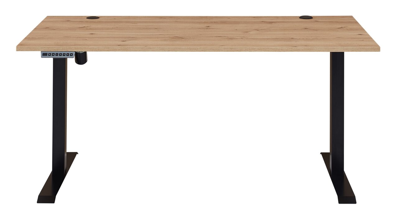 Moderner E-Schreibtisch mit Holzfurnier und schwarzem Metallgestell, Frontalansicht