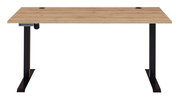 Moderner E-Schreibtisch mit Holzfurnier und schwarzem Metallgestell, Frontalansicht