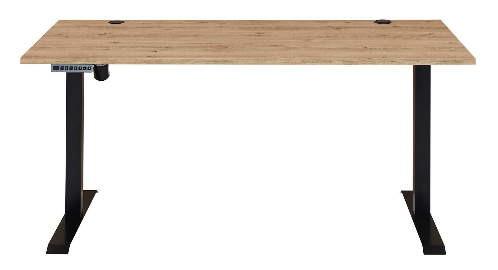 Moderner E-Schreibtisch mit Holzfurnier und schwarzem Metallgestell, Frontalansicht