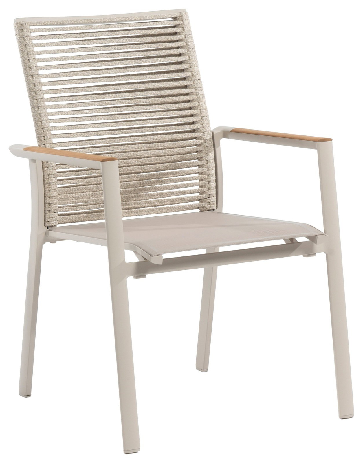 Zebra Stapelsessel FLY ROPE Moderner Stapelsessel mit hellen Seilbespannungen und Armlehnen aus Holz, seitliche Perspektive