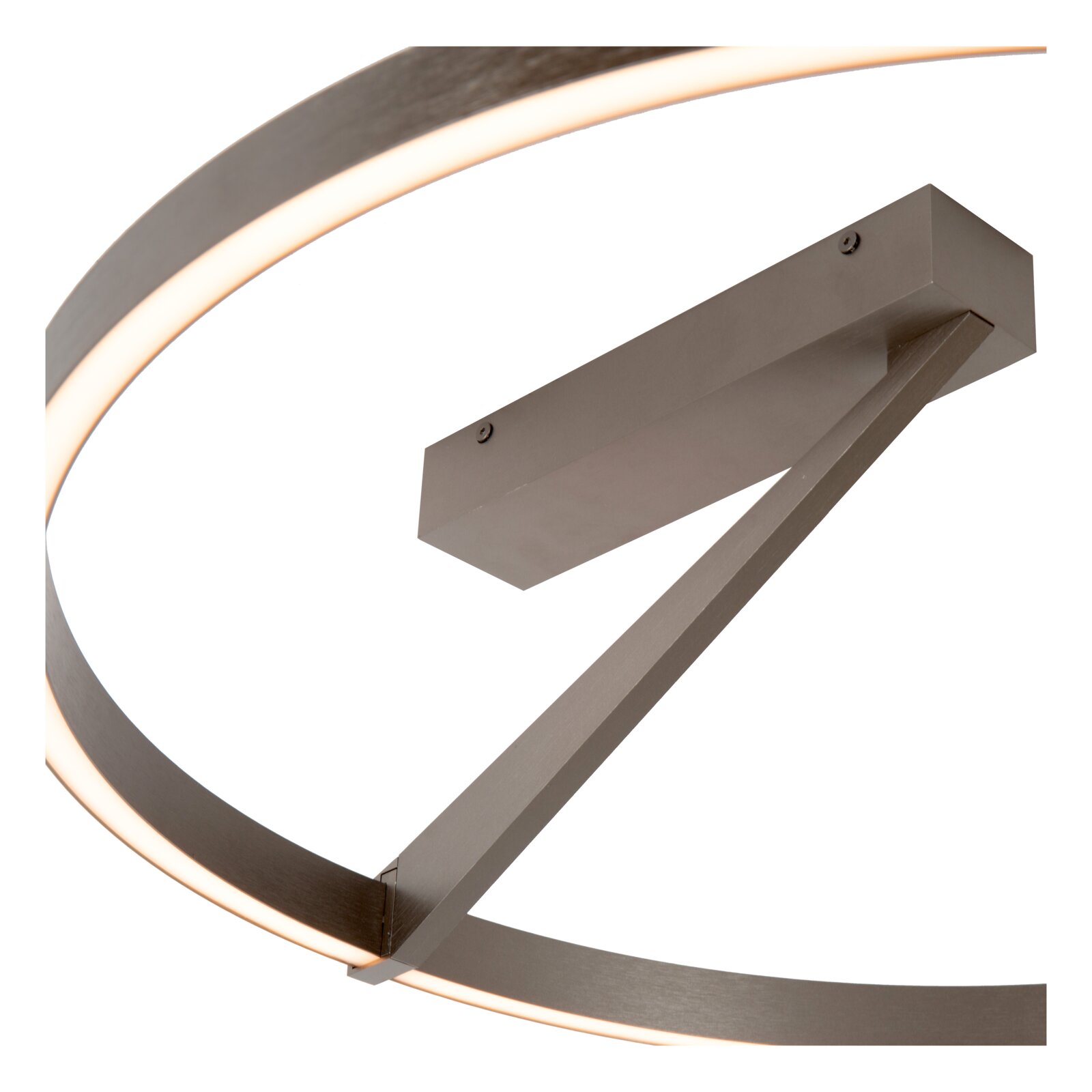 Moderne LED-Deckenleuchte mit ringförmigem Lichtband in gebürstetem Metallfinish, Detailansicht von unten in schräger Perspektive