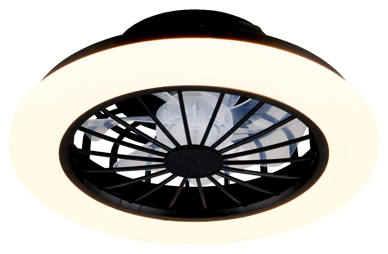Moderne schwarze Deckenleuchte mit integriertem Ventilator und rundem LED-Lichtring, Unteransicht von unten