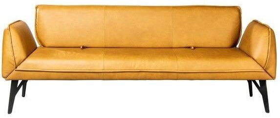 Moderano Solobank DRIVE Modernes, senfgelbes Ledersofa mit schwarzen Beinen, frontal betrachtet.