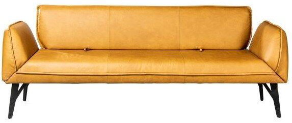 Modernes, senfgelbes Ledersofa mit schwarzen Beinen, frontal betrachtet.