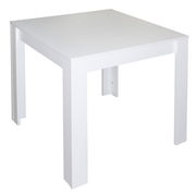 Weißer quadratischer Esstisch aus Holz, seitliche Perspektive