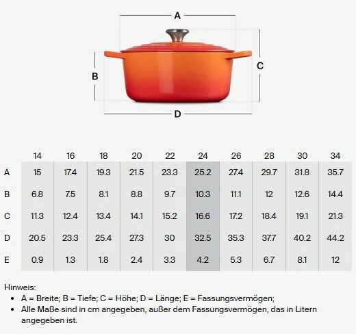 Runder Bräter in Orange mit Deckel und Griffen, Seitenansicht, 24 cm Durchmesser.