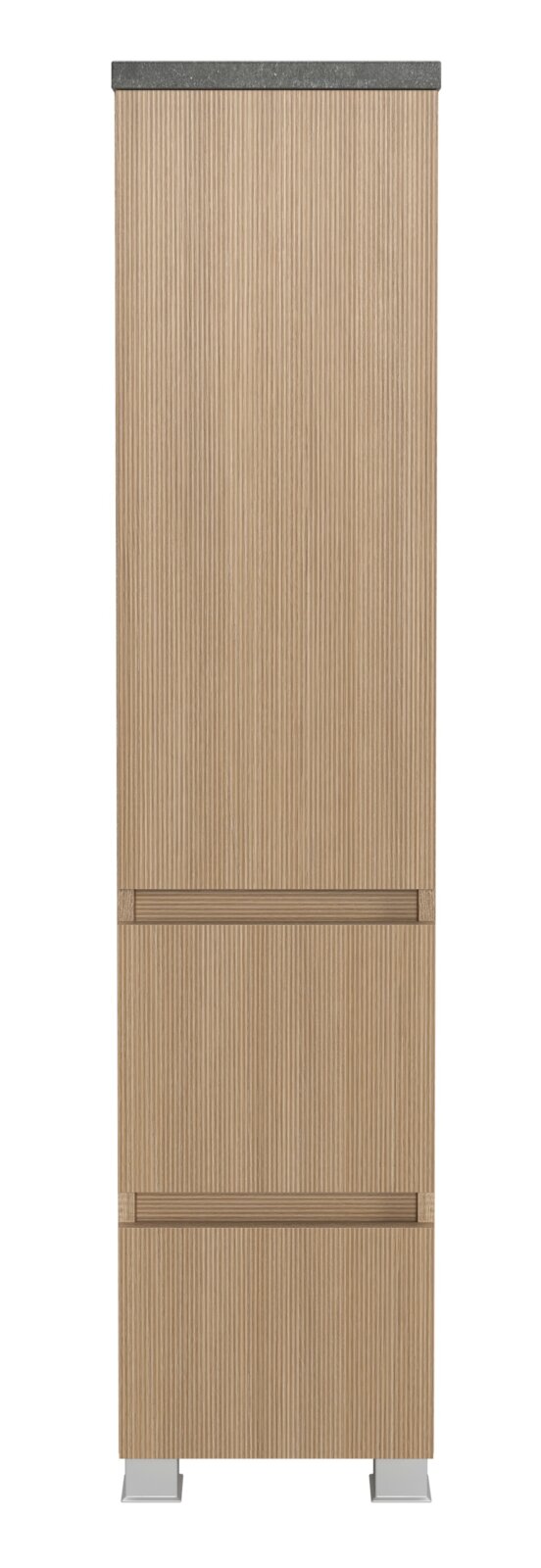 Frontansicht eines Midischranks mit Holzoptik und grauer Oberseite, 30 cm breit.