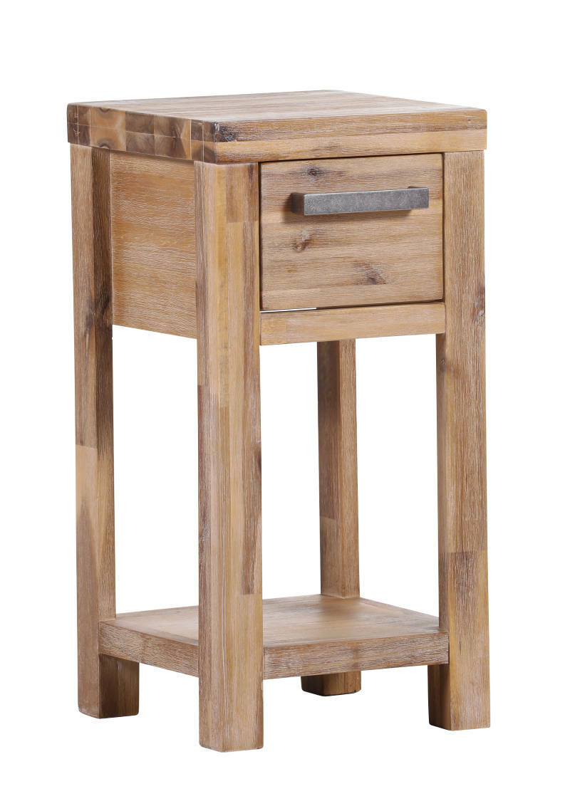 Holzblumensäule mit Schublade und Ablage, seitliche Perspektive