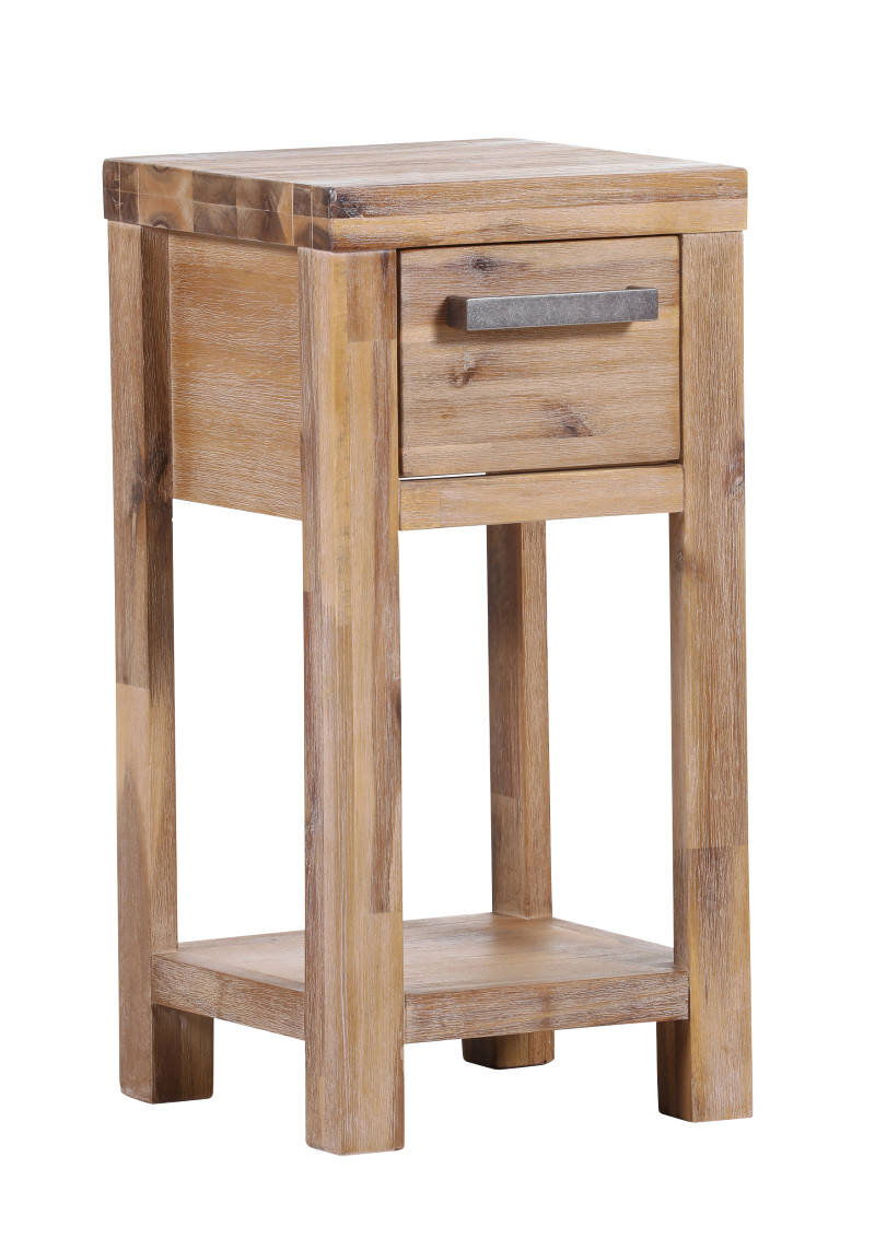 Holzblumensäule mit Schublade und Ablage, seitliche Perspektive