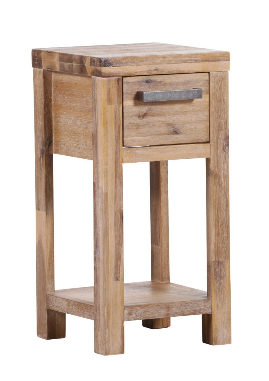 Holzblumensäule mit Schublade und Ablage, seitliche Perspektive