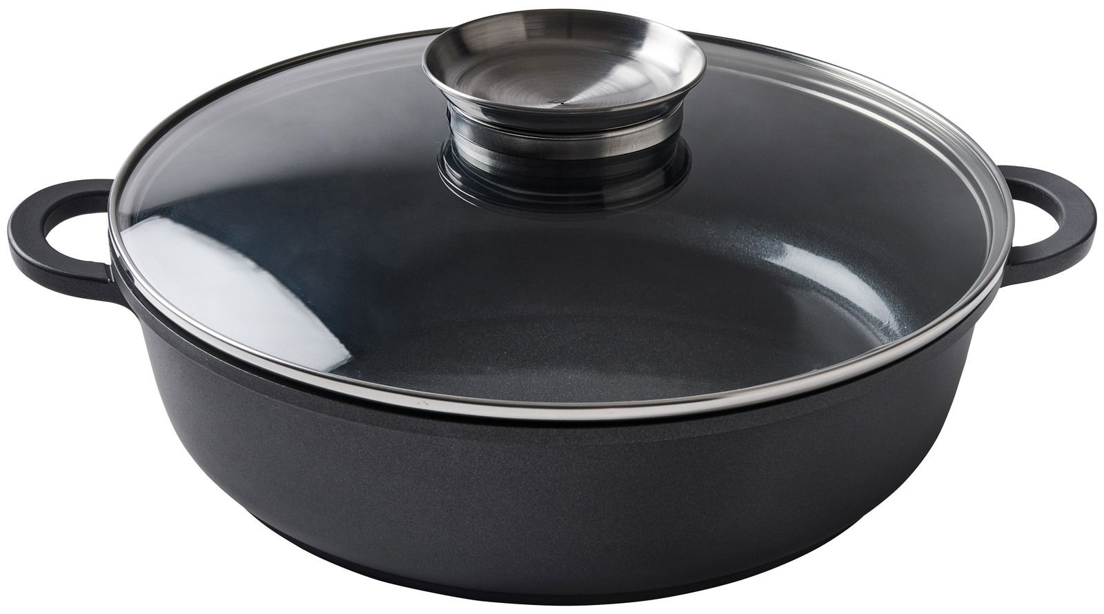 Homeware Aluminium braadpan Ø 28 cm Alugussbräter mit Glasdeckel und Edelstahlgriff, seitliche Perspektive