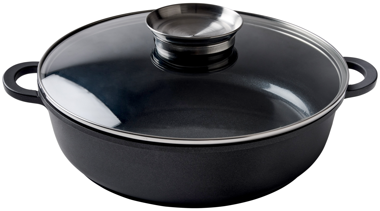 Alugussbräter mit Glasdeckel und Edelstahlgriff, seitliche Perspektive