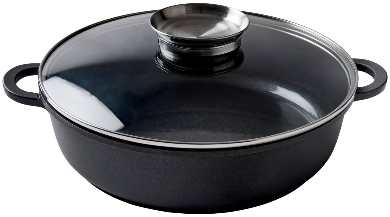 Homeware Alugussbräter Ø28cm Alugussbräter mit Glasdeckel und Edelstahlgriff, seitliche Perspektive