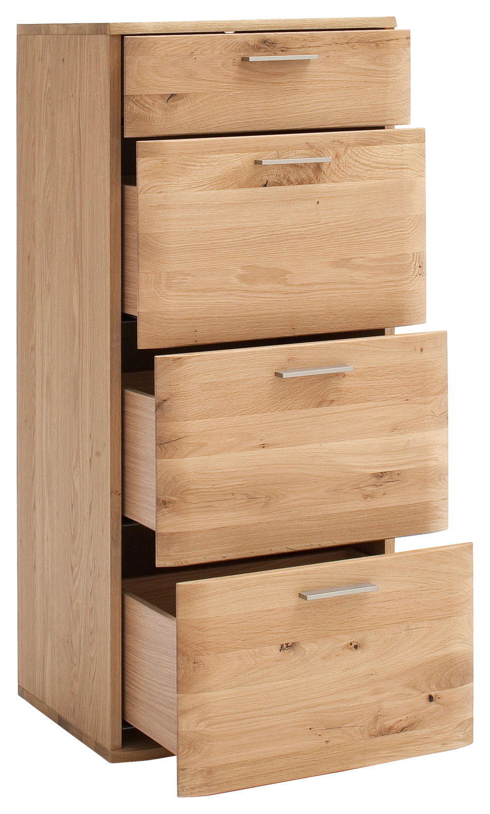 Schubkastenkommode aus Holz mit vier offenen Schubladen, seitliche Perspektive