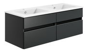 Moderne Badkombination mit zwei Waschbecken, schwarze Schubladenfronten, seitliche Perspektive