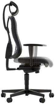 Seitliche Ansicht eines ergonomischen Gamingstuhls mit verstellbarer Rückenlehne und Kopfstütze.