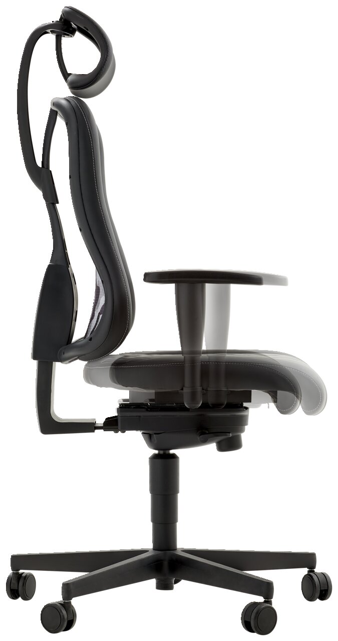 Seitliche Ansicht eines ergonomischen Gamingstuhls mit verstellbarer Rückenlehne und Kopfstütze.