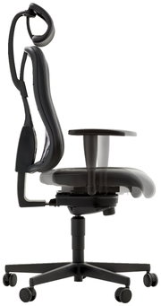 Seitliche Ansicht eines ergonomischen Gamingstuhls mit verstellbarer Rückenlehne und Kopfstütze.