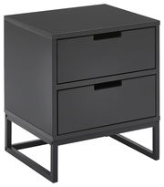 Schwarze Nachtkonsole mit zwei Schubladen, seitliche Perspektive