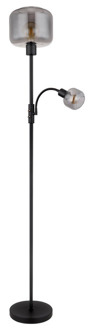 Moderne Stehleuchte mit zwei Leuchtköpfen, einer nach oben und einer flexibel zur Seite gerichtet, in schwarzem Design. Seitenansicht.