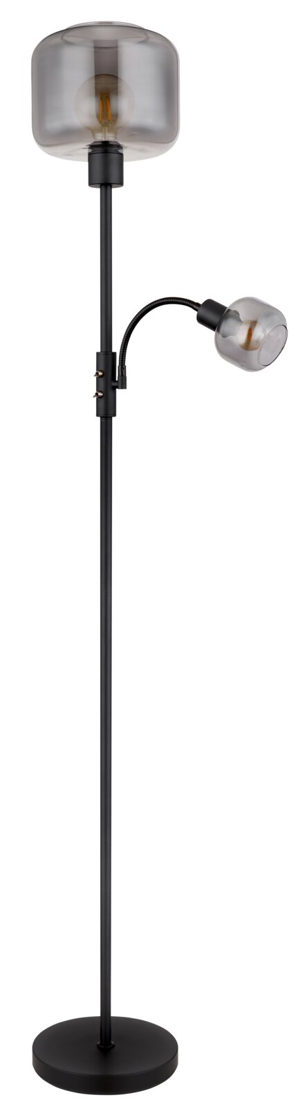 Moderne Stehleuchte mit zwei Leuchtköpfen, einer nach oben und einer flexibel zur Seite gerichtet, in schwarzem Design. Seitenansicht.