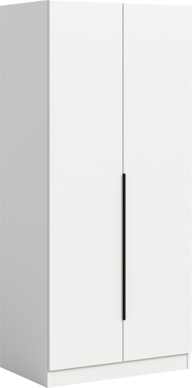 MID.YOU Kleiderschrank 2-türig KOPENHAGEN Weißer zweitüriger Kleiderschrank mit langen schwarzen Griffen, freistehend, in leichter Seitenansicht von vorn (3/4-Perspektive)