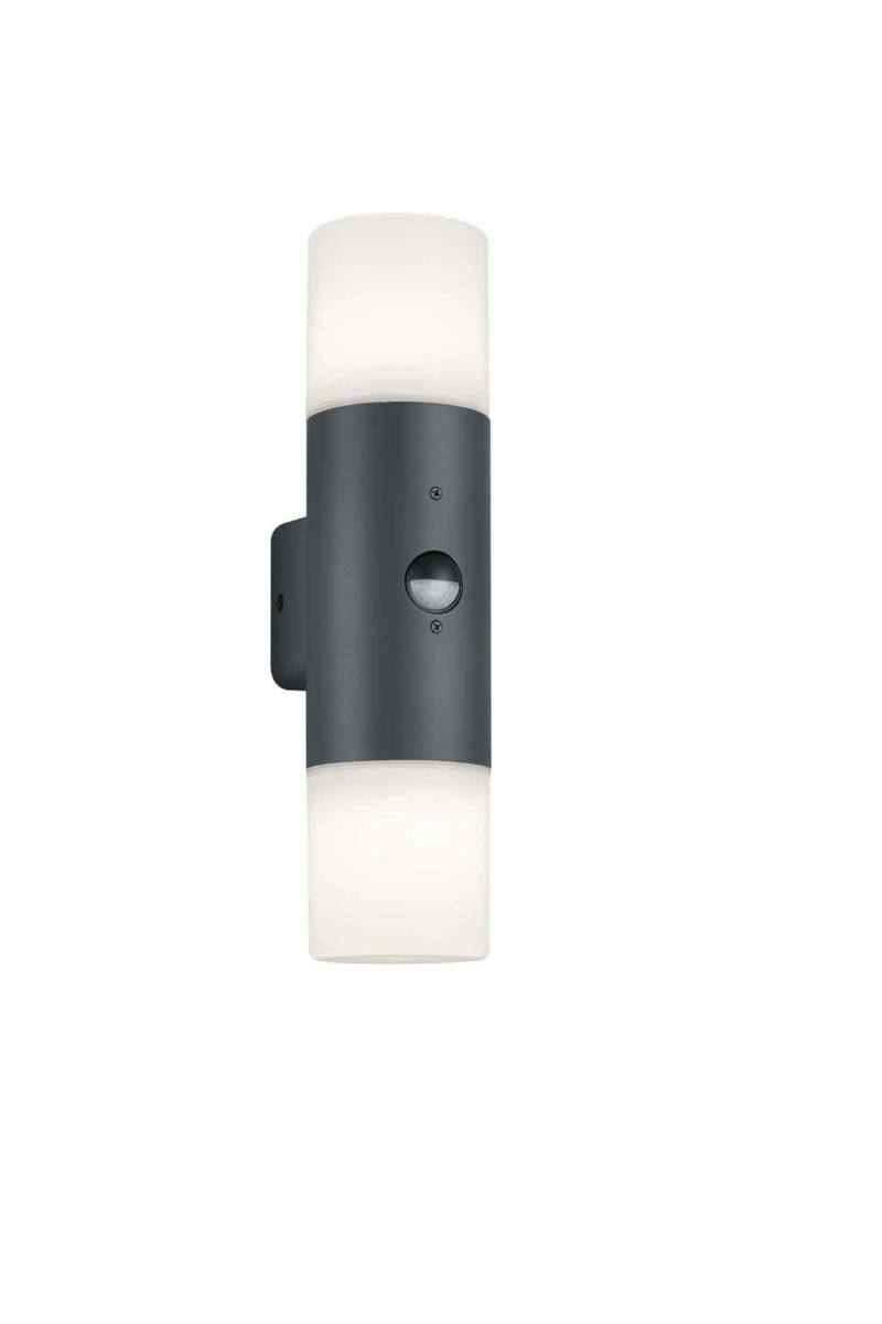 Moderne Außen-Wandleuchte in zylindrischer Form mit schwarzem Gehäuse und weißem Diffusor, frontal abgebildet.