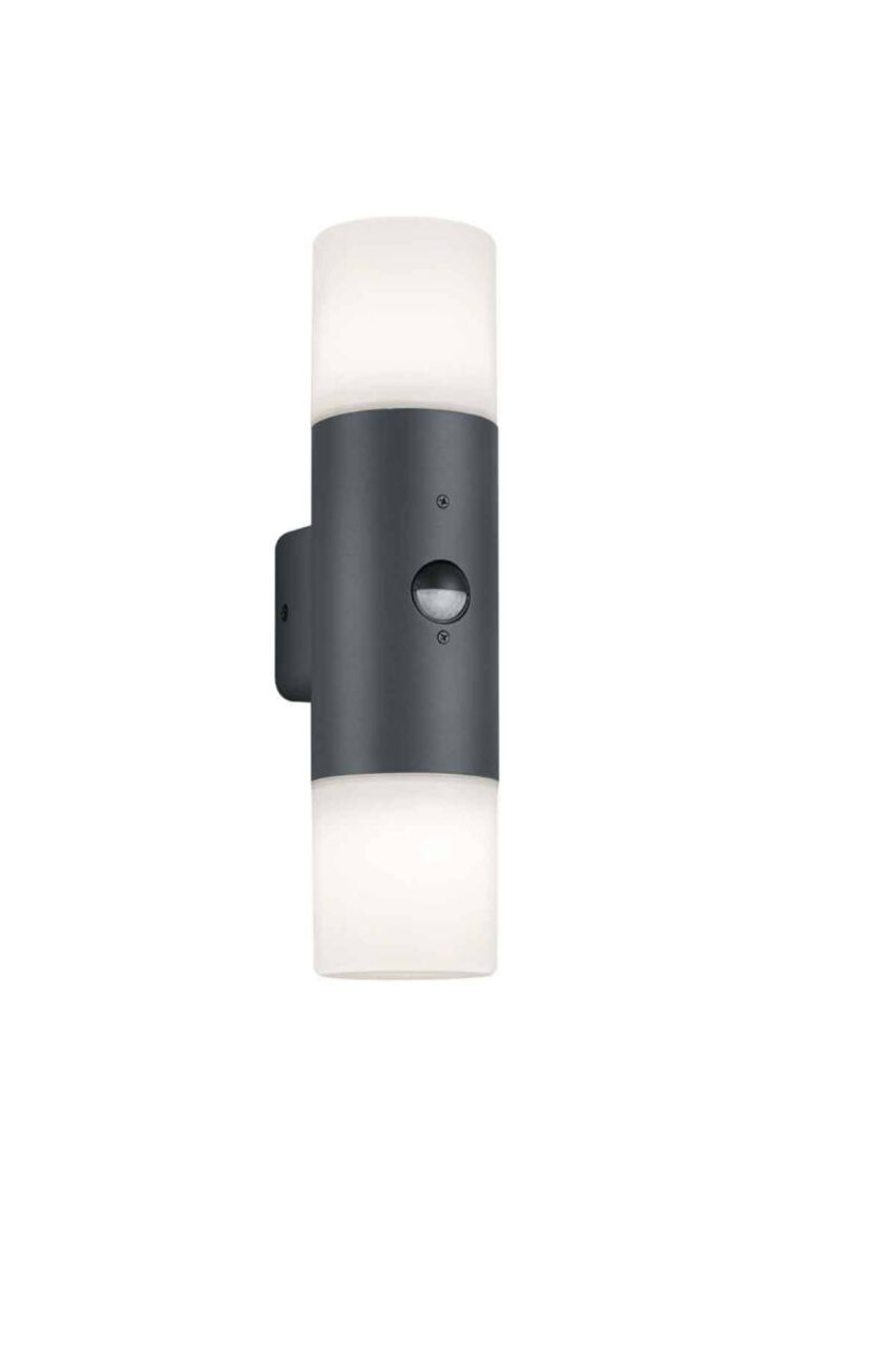 Moderne Außen-Wandleuchte in zylindrischer Form mit schwarzem Gehäuse und weißem Diffusor, frontal abgebildet.