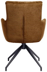 Rückansicht eines braunen Armlehnstuhls mit geripptem Stoffbezug und schwarzem Metallgestell.