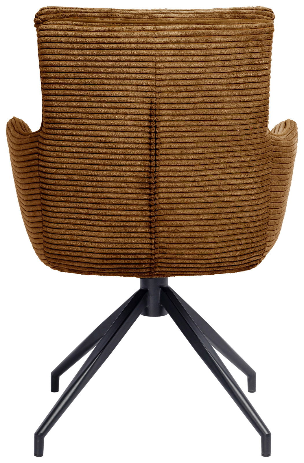 Rückansicht eines braunen Armlehnstuhls mit geripptem Stoffbezug und schwarzem Metallgestell.