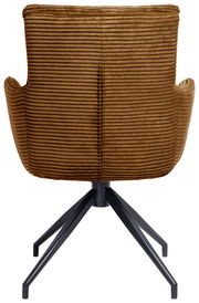 Rückansicht eines braunen Armlehnstuhls mit geripptem Stoffbezug und schwarzem Metallgestell.